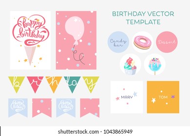 Happy Birthday vector template with party elements. Happy Birthday text design in the form of ice cream. Trendy birthday set with invitation cards, stickers and flags. Happy Birthday party design.