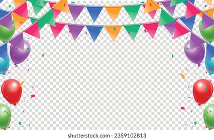 Feliz cumpleaños vector fondo transparente. colorido marco de frontera feliz de cumpleaños con confetti