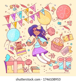 Happy Birthday vector typography design for greeting cards and poster with balloon, cupcakes and gift box, design template for birthday celebration. Princess's Birthday