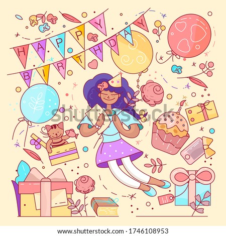 Happy Birthday vector typography design for greeting cards and poster with balloon, cupcakes and gift box, design template for birthday celebration. Princess's Birthday