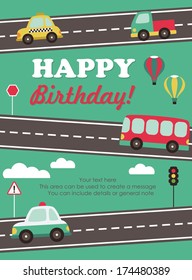 happy birthday vehicle card. vector illustration