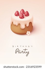 Happy birthday vertical banner, greeting card or invitation with cartoon birthday cake. 3d realistic style. Vector illustration