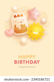 Happy birthday vertical banner, poster, greeting card or invitation with cartoon birthday cake, sun, helium balloons and flowers. 3d realistic style. Vector illustration