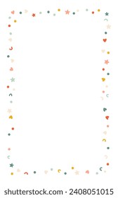 Happy birthday vertical frame template with confetti. Vector illustration in simple hand drawn modern style. Pastel vintage palette. Isolate