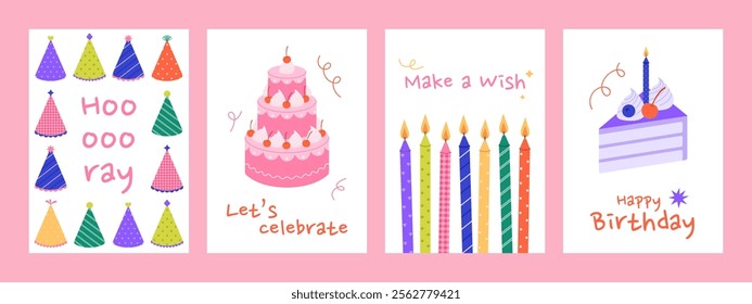 Happy Birthday vertical greeting cards set with party hats, cake, candles and piece of cake. Holiday banner, flyer, invitation templates on white background. Vector flat illustration