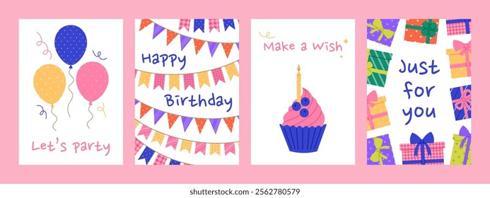 Happy Birthday vertical greeting cards set with balloons, garlands, cupcake and gift boxes. Holiday banner, flyer, invitation templates on white background. Vector flat illustration