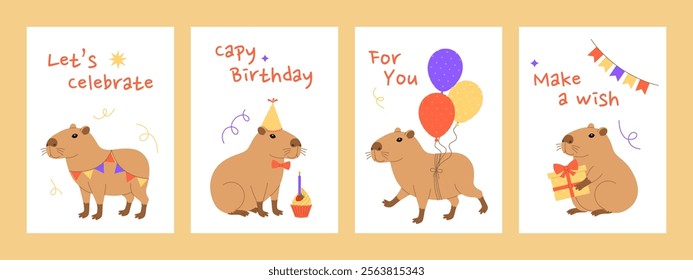 Happy Birthday vertical greeting cards set with capybaras, garlands, party hat, cupcake, balloons and gift. Capy birthday. Holiday banner, invitation templates on white. Vector flat illustration