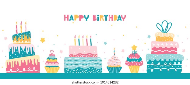 Happy birthday vertical holiday card or banner with greeting text. Bday cakes with a candle, sweet pastries, muffins, cupcakes. Hand drawn vector festive illustration in Scandinavian style.