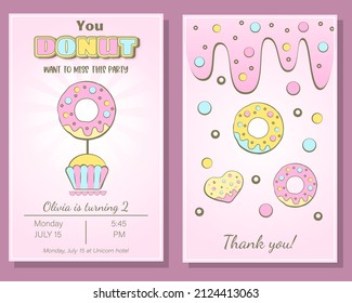 Happy birthday vertical invitation card with donuts. Donut birthday adn party. Vertical invitation card for birthday celebration. Web design or printing
