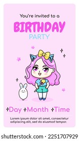 Happy birthday vertical invitation card with anime chibi girl.
