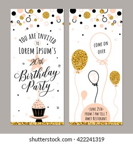 Happy Birthday Vertical Invitation Card With Golden Sparkle Dots, Balloon, Cake, Candle, Star. Vector Typography Hand Drawn Lettering Color Illustration For Celebrating Date Birth. Web Or Print Design