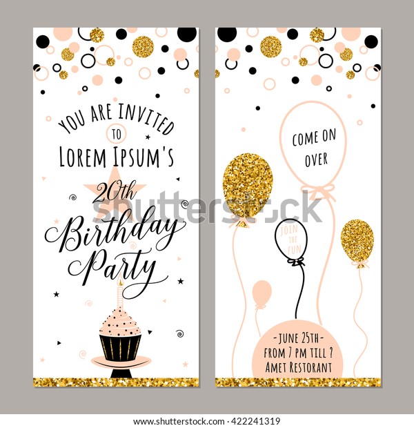 金色の輝く点 風船 ケーキ キャンドル 星と誕生日記念の垂直招待カード 誕生日を祝うためのベクター手書きの文字のカラーイラスト ウェブデザインまたは印刷デザイン のベクター画像素材 ロイヤリティフリー
