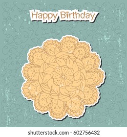 Happy birthday vintage card in doodle style. postcard with flower imitates old paper for your design
