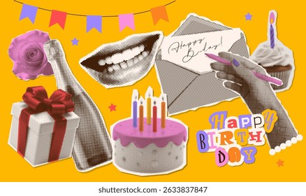 Happy Birthday vintage halftone collage stickers set in retro dotted zine design. Collection with hand, olding holiday cake with candles, champagne bottle, flower, gift box. Vector illustration.