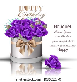 Happy Birthday violet roses bouquet Vector. Vintage floral gift box with bow decor
