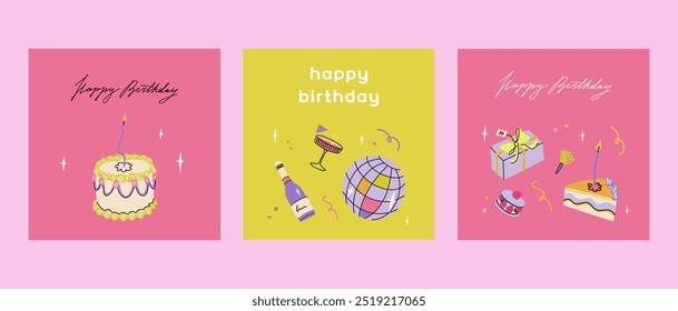Happy birthday vivid squared card set. Trendy greeting cards with ruffle cake, cocktail, gift box. Cute and elegant vector illustration templates in simple style