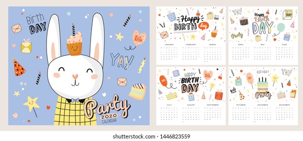 Happy Birthday wall calendar. 2020 Yearly Planner have all Months. Good Organizer and Schedule. Trendy party illustrations, lettering with holiday inspiration quotes. Vector background