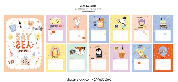 Happy Birthday wall calendar. 2020 Yearly Planner have all Months. Good Organizer and Schedule. Trendy party illustrations, lettering with holiday inspiration quotes. Vector background