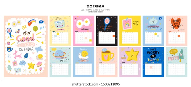 Feliz calendario de la pared del cumpleaños. El Planificador Anual 2020 tiene todos los meses. Buen Organizador y Programación. Los niños guapos ilustran, escriben con citas motivacionales e inspiradoras. Fondo del vector