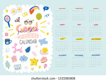 Happy Birthday wall calendar. 2020 Yearly Planner have all Months. Good Organizer and Schedule. Cute kids doodle illustration with motivational and inspiration quotes. Vector background
