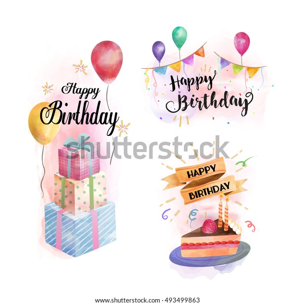 Joyeux Anniversaire Elements A L Aquarelle Cadeaux Image Vectorielle De Stock Libre De Droits