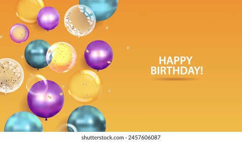 Happy Birthday Website Banner für Startseite mit 3D-runde Luftballons Abbildung auf lila Hintergrund mit Interface-Elemente