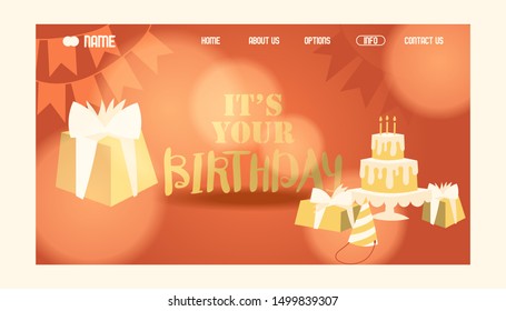 Happy birthday website page design, vector illustration. Background for landing page template, decorated with birthday cake and presents, gift boxes and party cone cap, bokeh effect and flags