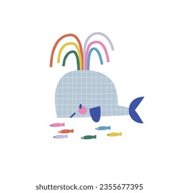  Happy Birthday whale animal paper shape cutouts style vector illustration. Scandinavian childish wild party pre-made print design.