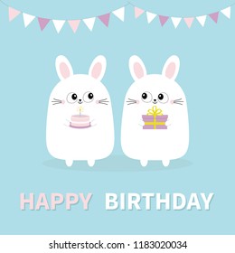 Happy Birthday. White bunny rabbit holding gift box, cake. Paper flags. Funny head face. Big eyes. Cute kawaii cartoon character. Baby greeting card template. Blue background. Flat design. Vector