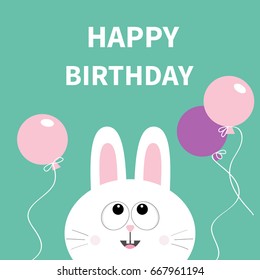 Happy Birthday. White bunny rabbit face. Pet collection. Hare looking up. Pink violet flying balloon. Greeting card. Flat design. Cute cartoon funny character. Green background. Isolated. Vector