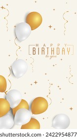 Happy Birthday white and gold greeting card with balloons, confetti and ribbons