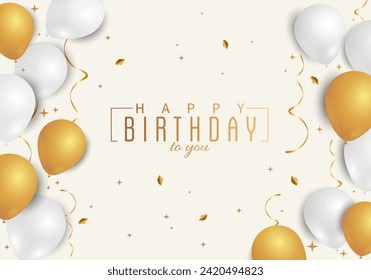 Happy Birthday white greeting card with balloons, confetti and gift box