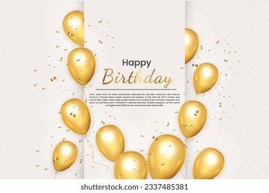 Happy birthday wish illustration with 3d realistic golden  air balloon on white background with text and glitter confetti