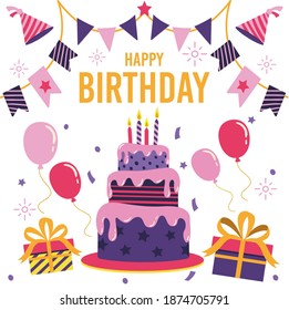 happy birthday wishes with cake illustration design, flat colorful birthday Party decoration element template vector