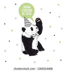Happy birthday wishes card with cute panda illustration wearing tie bow and party hat on dotty background