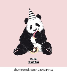 Happy birthday wishes card with cute panda illustration wearing party hat and eating donuts isolated on pink background