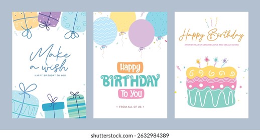 Happy birthday wishes clipart poster set. Birthday greeting text and invitation card clip art with cute drawing elements decoration in white background collection vector illustration.
