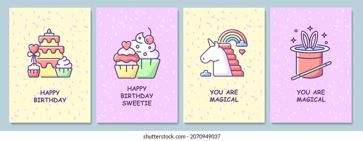 Happy birthday wishes greeting card with color icon element set. Cute message. Postcard vector design. Decorative flyer with creative illustration. Notecard with congratulatory message pack