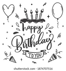 happy birthday wishes with hand drawn style illustration design, flat birthday party element template vector