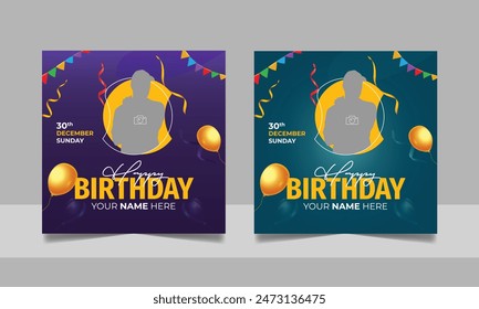 Happy birthday wishes social media post template, party invitation or greeting card, anniversary celebration square banner digital poster design