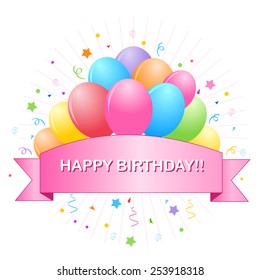 Happy birthday wishing with bunch of colorful balloons and confetti with a ribbon banner