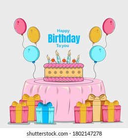 happy birthday with, cake birthday,candle,give, colorful balloon,celebration flat design