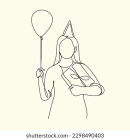 Happy birthday! Woman with a candle on the cake in a modern single-line art style. Continuous one-line drawing for home decor outline, posters, wall art, logo, banners