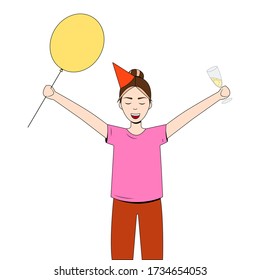 Happy birthday woman with a cap on her head celebrates, a balloon and a glass of champagne in her hands isolated on white background