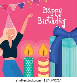 happy birthday, woman with party hat gift candles and bunting flags celebration party event decoration vector illustration