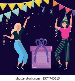 happy birthday, women with gift box bunting flags confetti celebration party event decoration vector illustration