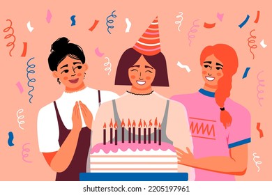 Happy birthday! Womens with Birthday Cake and Celebrating. Friends on the Party. Confetti flying in the air. Vector illustration