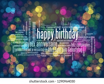 HAPPY BIRTHDAY word cloud card on colored bokeh lights background