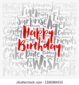 Happy Birthday word cloud collage with numbers, holiday concept background