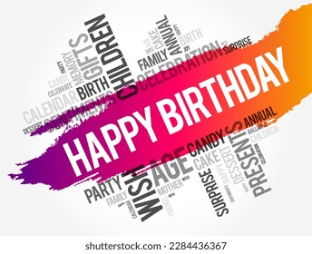 Happy Birthday word cloud collage, holiday concept background